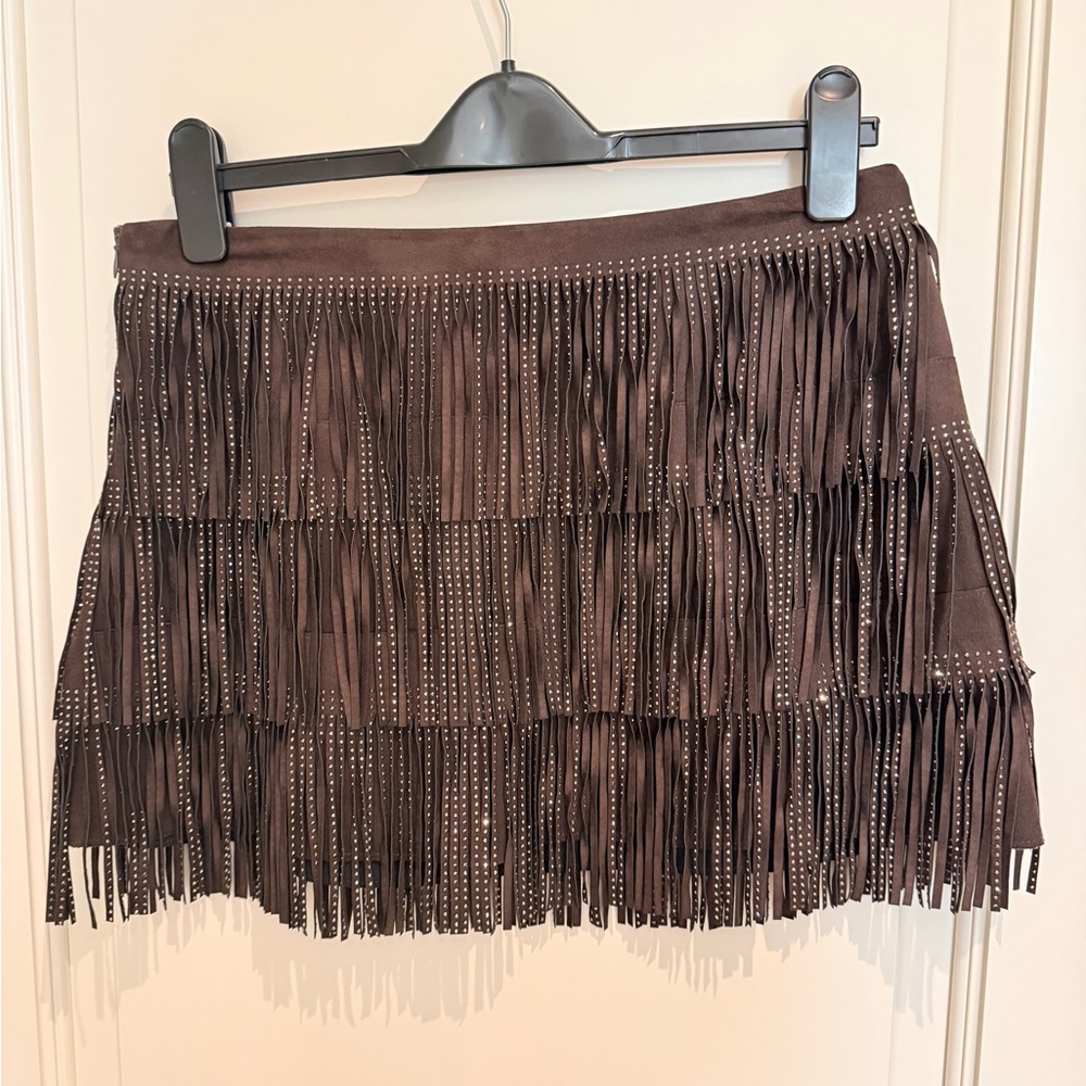Zara Shimmering Faux Suede Fringe Skirt